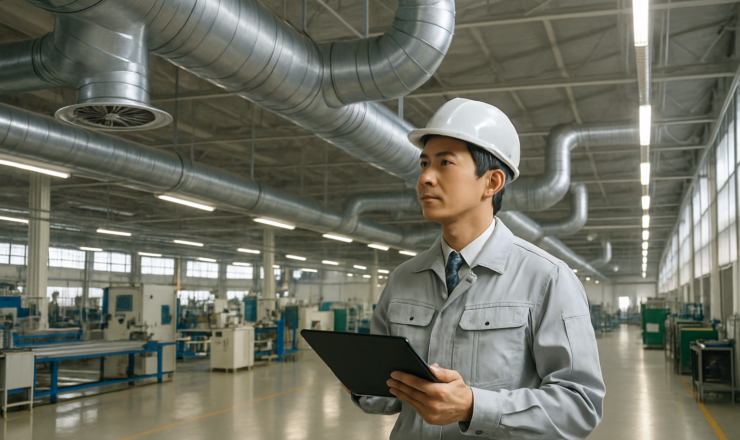 工場内の排熱・換気設備を安全に点検する空調技術者のイメージ